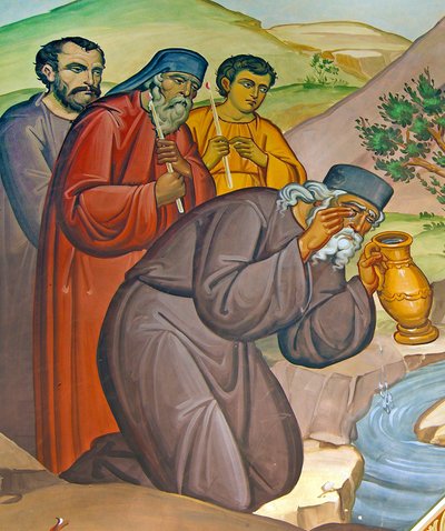Ein Priester in Trauer sammelt seine Tränen in einem Tränenkrug, Zypern von Cypriot